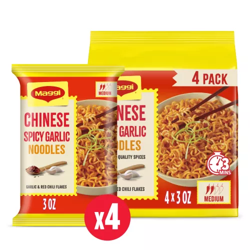 Front Center view of Maggi Chinese Spicy Garlic Noodles 4 pack product.