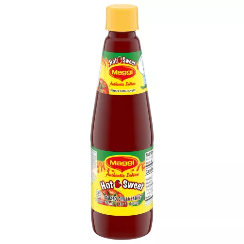 Foto con vista del frente de un envase de Salsa picante y dulce de