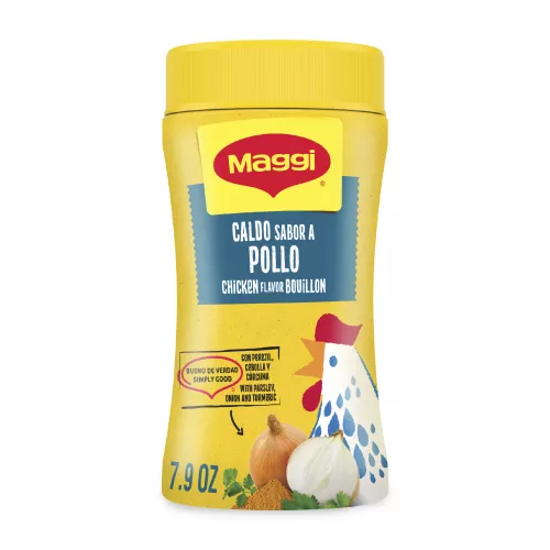 Canister of Granulated Chicken Bouillon with a yellow label and an illustrated chicken carrying a basket.
