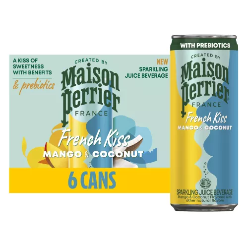 Vista frontal centrada de 6 latas de MAISON PERRIER French Kiss sabor Mango & Coconut de 330ml (11.15 FL OZ) con peso total de 1.98 l (66.9 FL OZ).