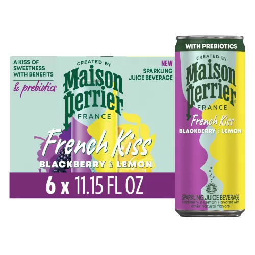 Front Center view of MAISON PERRIER French Kiss Flavored Water BLACKBERRY LEMON 6-11.15 FL OZ (330 mL) CANS (66.9 FL OZ [2.09 QT] [1.98 L] TOTAL) product.