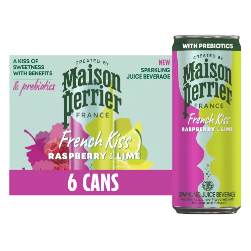 Vista frontal centrada de 6 latas de MAISON PERRIER French Kiss sabor Raspberry & Lime de 330ml (11.15 FL OZ) con peso total de 1.98 l (66.9 FL OZ).