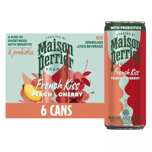 Vista frontal centrada de 6 latas de MAISON PERRIER French Kiss Peach & Cherry de 330ml (11.15 FL OZ) con peso total de 1.98 l (66.9 FL OZ).