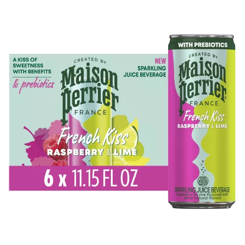 Vista frontal centrada de 6 latas de MAISON PERRIER French Kiss sabor Raspberry & Lime de 330ml (11.15 FL OZ) con peso total de 1.98 l (66.9 FL OZ).