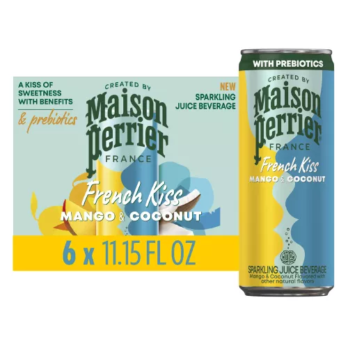 Vista frontal centrada de 6 latas de MAISON PERRIER French Kiss sabor Mango & Coconut de 330ml (11.15 FL OZ) con peso total de 1.98 l (66.9 FL OZ).