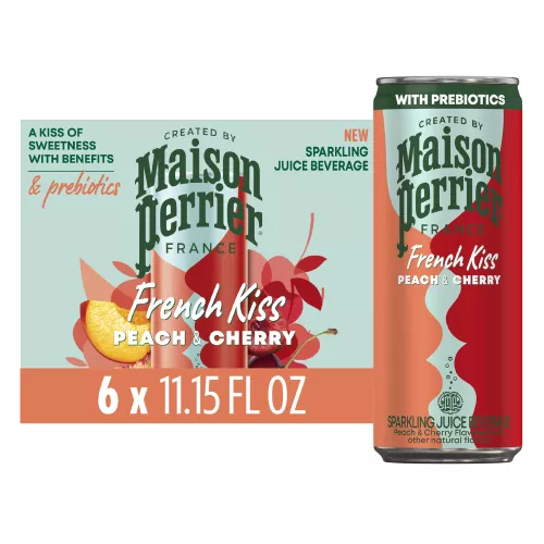 Front Center view of MAISON PERRIER French Kiss Flavored Water Peach Cherry 6x330ml 6-11.15 FL OZ (330 mL) CANS (66.9 FL OZ [2.09 QT] [1.98 L] TOTAL) product.