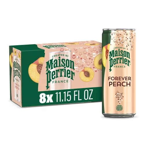 Vista frontal de una lata de 11.15 fl oz de agua gasificada Maison Perrier sabor durazno (8 unidades).