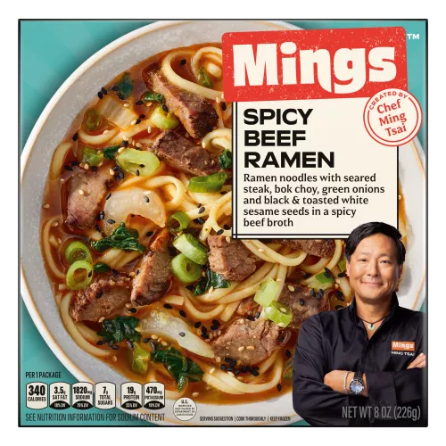 Front Center view of Mings Spicy Beef Ramen Frozen Entrée 8 oz (226 g) product.