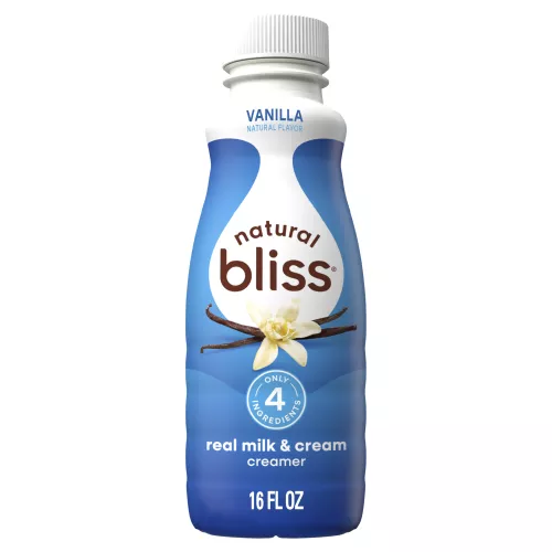 Botella blanca de creamer natural bliss Vanilla con etiqueta azul, vainas de vainilla y el nombre del producto.