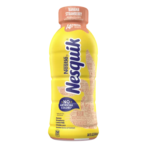 A yellow bottle with a pink cap and a pink silhouette of the Nesquik bunny’s head.