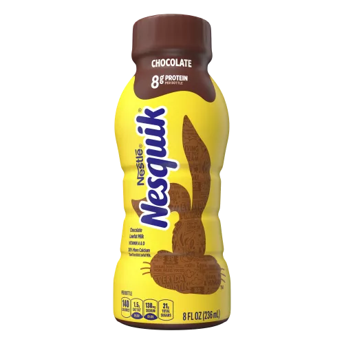 A yellow bottle with a brown cap and the brown silhouette of the Nesquik bunny’s head.