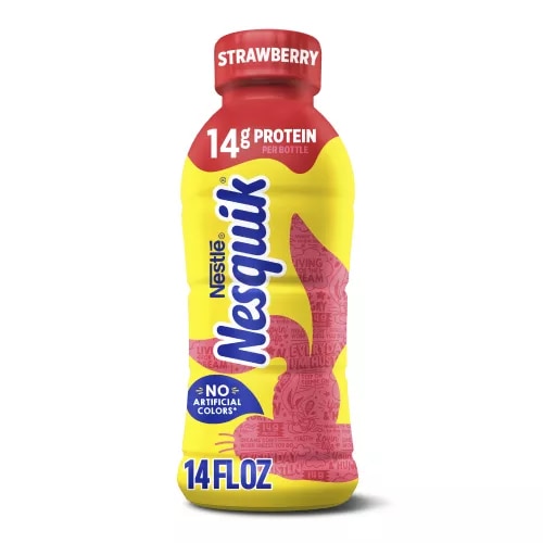 A yellow bottle with a red cap and a red silhouette of the Nesquik bunny’s head.