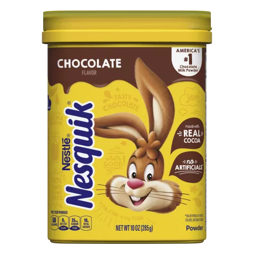 A yellow container with the Nesquik bunny, a brown label, and a glass of chocolate milk.