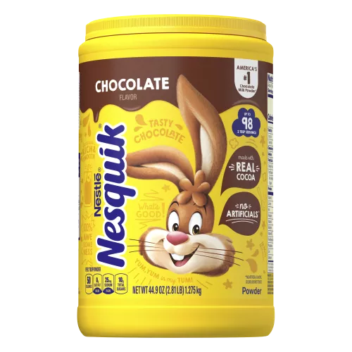A yellow container with the Nesquik bunny, a brown label, and a glass of chocolate milk.