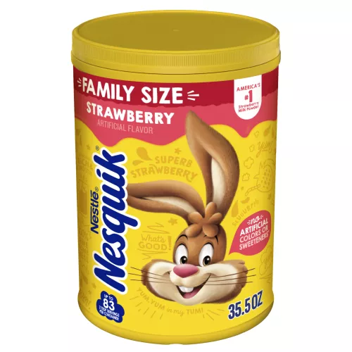 A yellow container with the Nesquik bunny and a red label on the top.