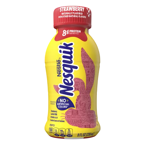 A yellow bottle with a red cap and a red silhouette of the Nesquik bunny’s head.