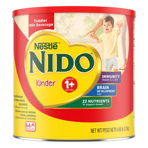 Una lata de Nido 1+ con etiqueta roja y un niño junto a una insignia que dice "inmunidad, vitaminas A, C y D, hierro y zinc".