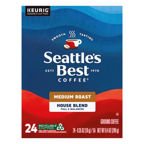 Front Center view of SEATTLE'S BEST COFFEE House Blend Ground Coffee K-Cup Pods 24 Count 8.4oz Box product.