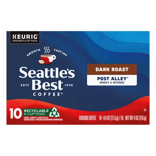 Front Center view of SEATTLE'S BEST COFFEE Ground Dark Roast Smooth Post Alley Blend 10 Count Pods 4oz Box product.