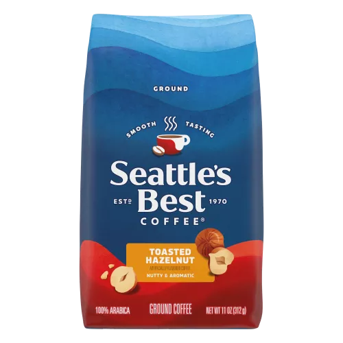 Front Center view of SEATTLE'S BEST COFFEE Hazelnut Flavored Ground Coffee 11oz Bag product.