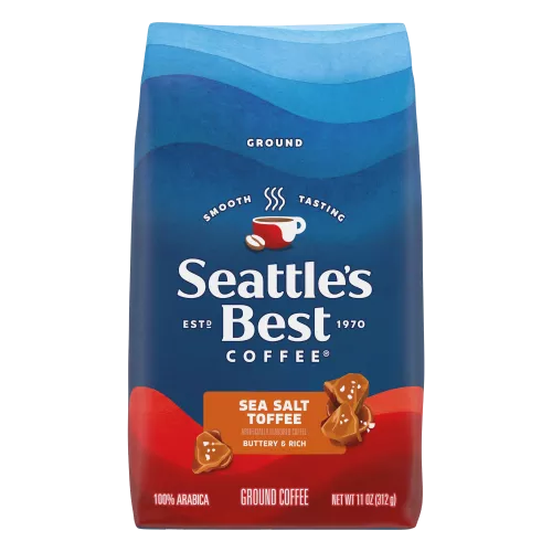 Front Center view of SEATTLE'S BEST COFFEE Sea Salt Toffee Ground Coffee 11oz Bag product.