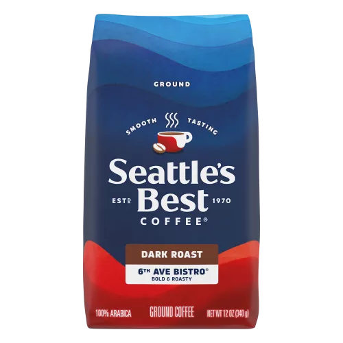 Front Center view of SEATTLE'S BEST COFFEE 6th Ave Bistro Ground Coffee 12oz Bag NET WT 12 OZ (340 g) product.