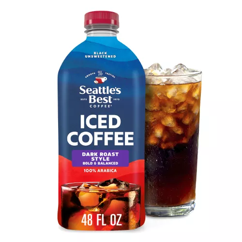 Front Center view of SEATTLE'S BEST COFFEE Iced Coffee Dark Unsweetened 48floz Bottle 48 FL OZ (1.5 QT) 1.42 L product.