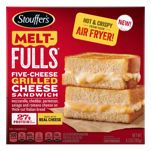 Vista frontal centrada de caja de 6.5oz MELT-FULLS FIVE CHEESE GRILLED CHEESE de STOUFFER'S con peso neto de 6.5oz (185g).