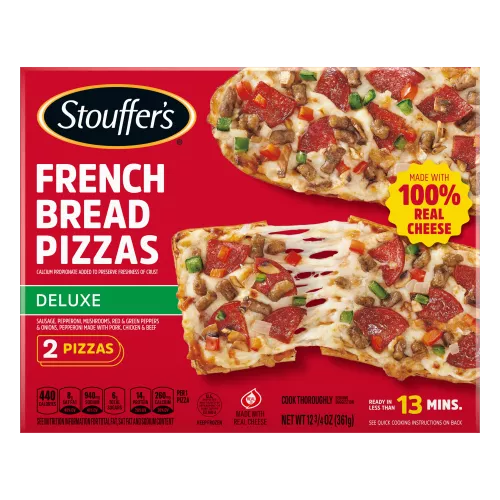 Box of Deluxe French Bread Pizza with image of 2 pizzas and 100% real cheese and ready in less than 13 minutes badges.