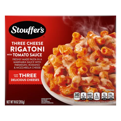 Vista frontal centrada de Frozen Meals Three Cheese Rigatoni with Tomato Sauce 10oz Box PESO NETO 10oz (283 g) de STOUFFER'S.