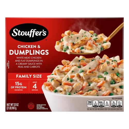Box of Chicken & Dumplings with plate, casserole dish and 15 grams of protein, family size and ready in 25 minutes labels.