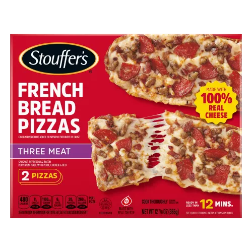 Box of 3 Meat French Bread Pizza with image of 2 pizzas and 100% real cheese and ready in less than 12 minutes badges.