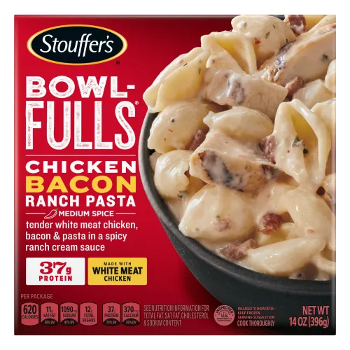 Caja de Chicken Bacon Ranch Pasta Bowl-FULLS con un tazón de pollo y caracolitos cerca del nombre del producto y una etiqueta que dice "30 G DE PROTEÍNA".
