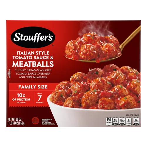 Box of Italian Style Tomato Sauce & Meatballs Family Size, 10 Grams Protein per Serving, and Ready in 20min badges.