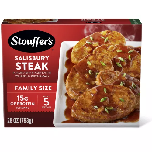Box of Salisbury Steak with a dish and plate of steak and gravy below the product name and STOUFFER'S logo.