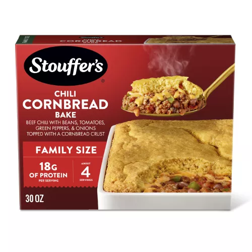 Front Center view of STOUFFER'S Frozen Meals Chili Cornbread Bake 30oz Carton NET WT 30 OZ (1 LB 14 OZ) 850g product.