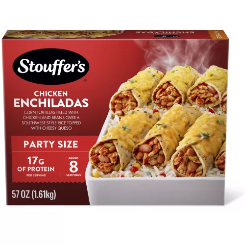 Caja de Chicken Enchiladas con un plato de enchiladas junto a tenedores y platos debajo del nombre del producto y una etiqueta que dice "el doble de pollo".