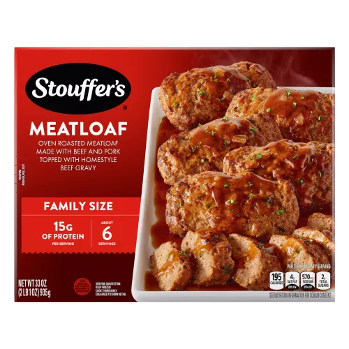 Box of Meatloaf with a dish and plate full of meatloaf and gravy beside the product name, logo and "FAMILY SIZE" label.