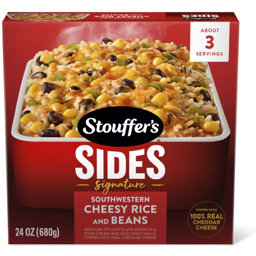 Box of Southwestern Cheesy Rice and Beans in red and white casserole dish with new! and made with 100% real cheese badges.
