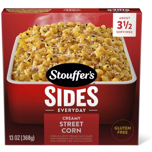 Box of Creamy Street Corn in a casserole dish with Stouffer’s Sides, ready in 8 minutes, and naturally gluten free badges.