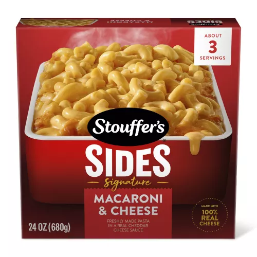 Box of Macaroni and Cheese in red and white casserole dish with new!, made with 100% real cheese, and the homemade taste you love badges.
