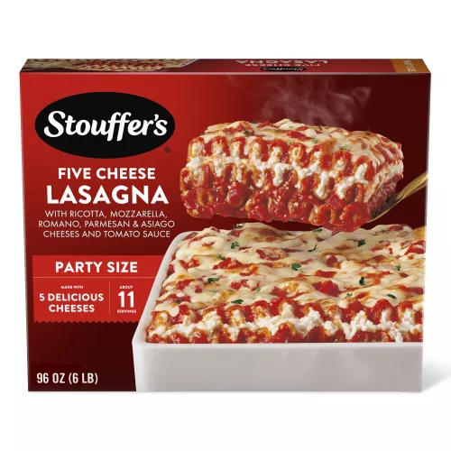 Box of Cheese Lovers Lasagna with a spatula lifting lasagna and made with 5 delicious cheeses and party size labels.