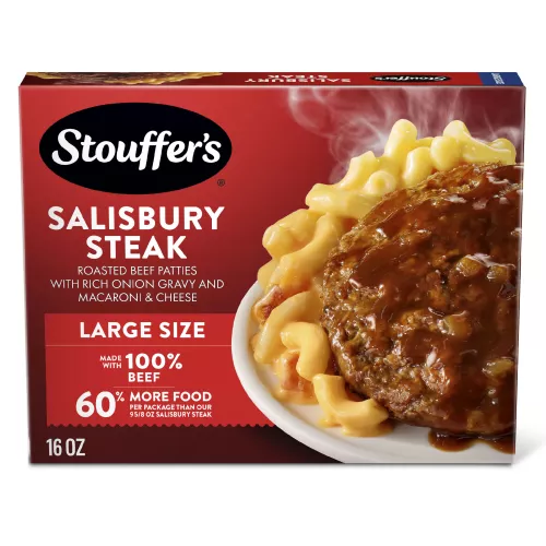 Box of Salisbury Steak featuring a plate of beef and macaroni below the product name and "100% PURE BEEF" label.