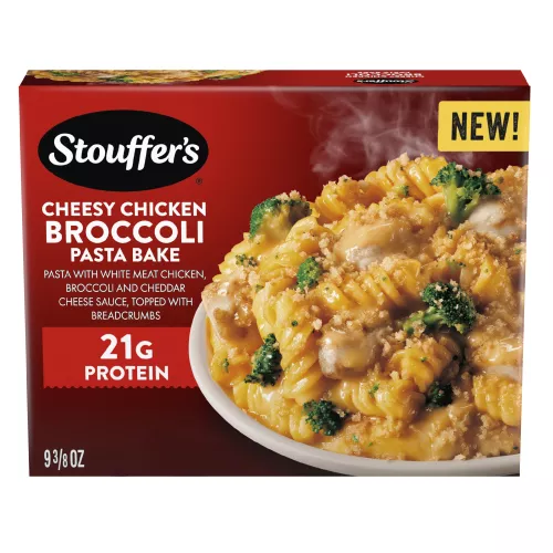 Front Center view of STOUFFER'S Frozen Meal Cheesey Chicken Broccoli Pasta Bake 9.375oz Carton NET WT 9 3/8 oz (265 g ) product.