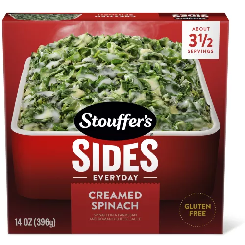 Box of Creamed Spinach in a casserole dish with Stouffer’s Sides, ready in 8 minutes, and naturally gluten free badges.