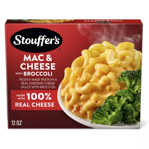Box of Macaroni & Cheese with Broccoli featuring a plate of macaroni and broccoli below the product name and STOUFFER'S logo.