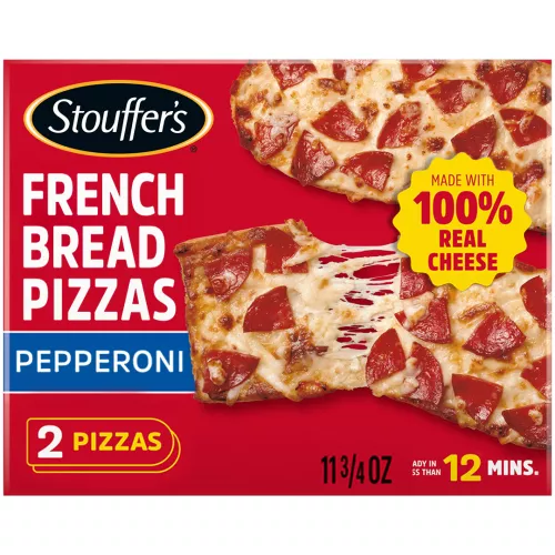 Box of Pepperoni French Bread Pizza with 2 pieces beside a blue label, the product name and vintage STOUFFER'S logo.