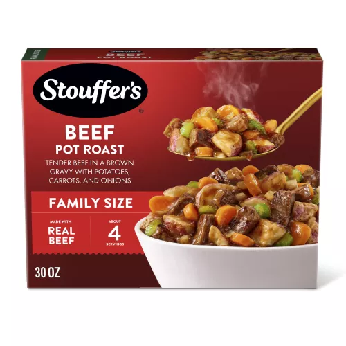 Box of Beef Pot Roast with image of meal on plate with made with real beef, ready in under 20 minutes, & family size badges.