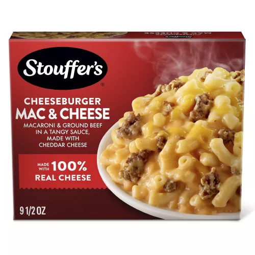 Vista frontal centrada de caja de 9.5oz (269g) de comida congelada Macarrones con queso Cheeseburger de STOUFFER'S.