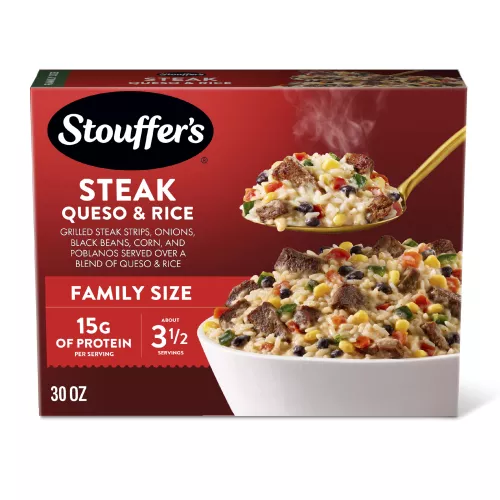 Front Center view of STOUFFER'S Steak Queso and Rice NET WT 30 OZ (1 LB 14 OZ) 850 g product.